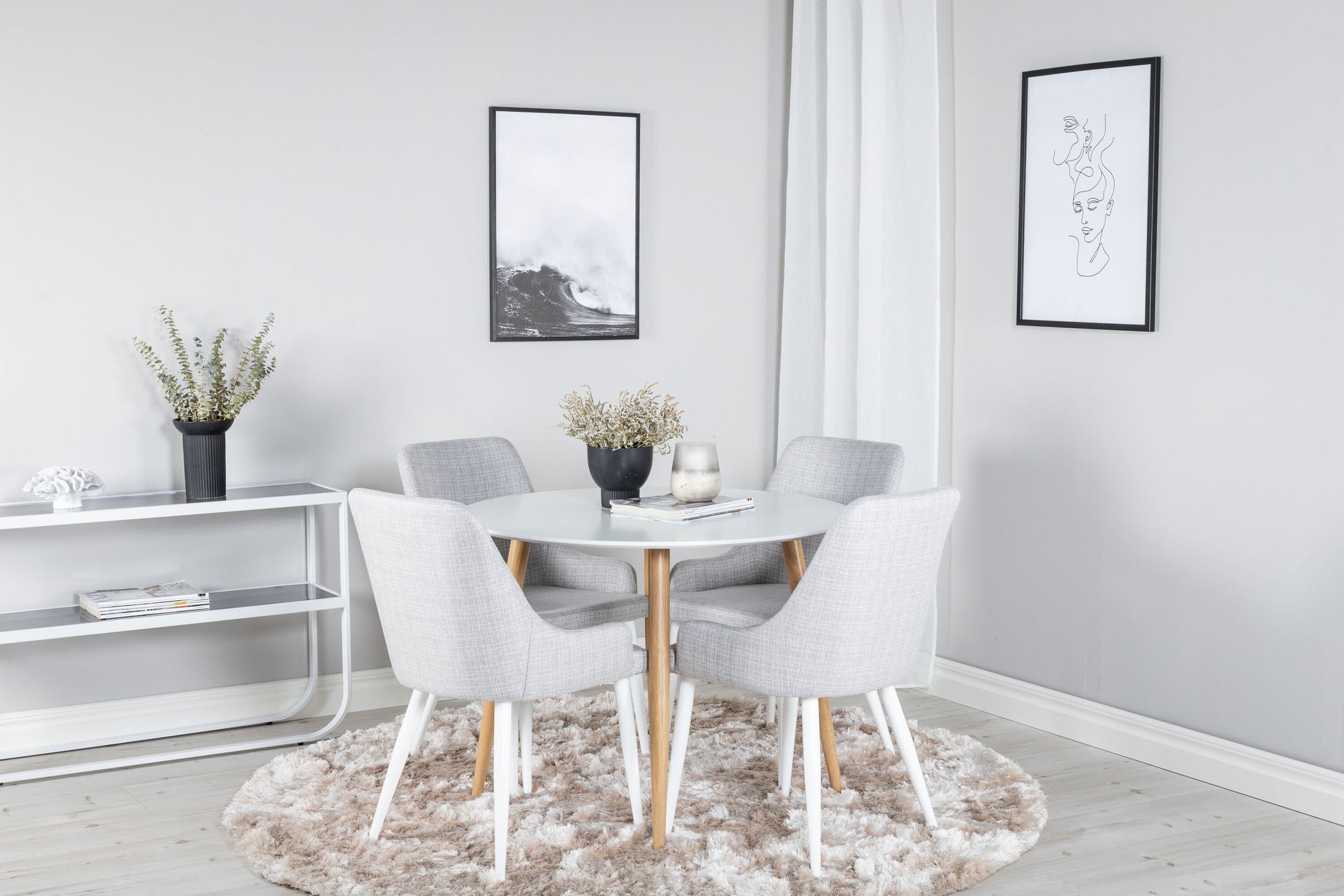 Venture Home Plaza Runt Matbord - Ek-Look / Vit - ø100*H75 +Plaza Dining chair - White legs - Light Grey Fabric _4