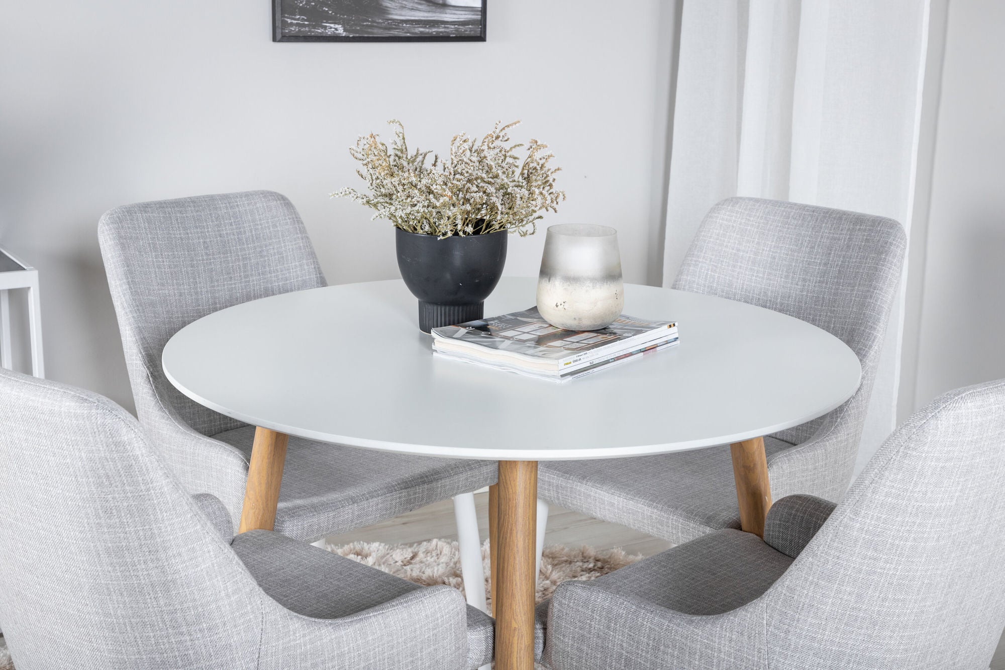 Venture Home Plaza Runt Matbord - Ek-Look / Vit - ø100*H75 +Plaza Dining chair - White legs - Light Grey Fabric _4