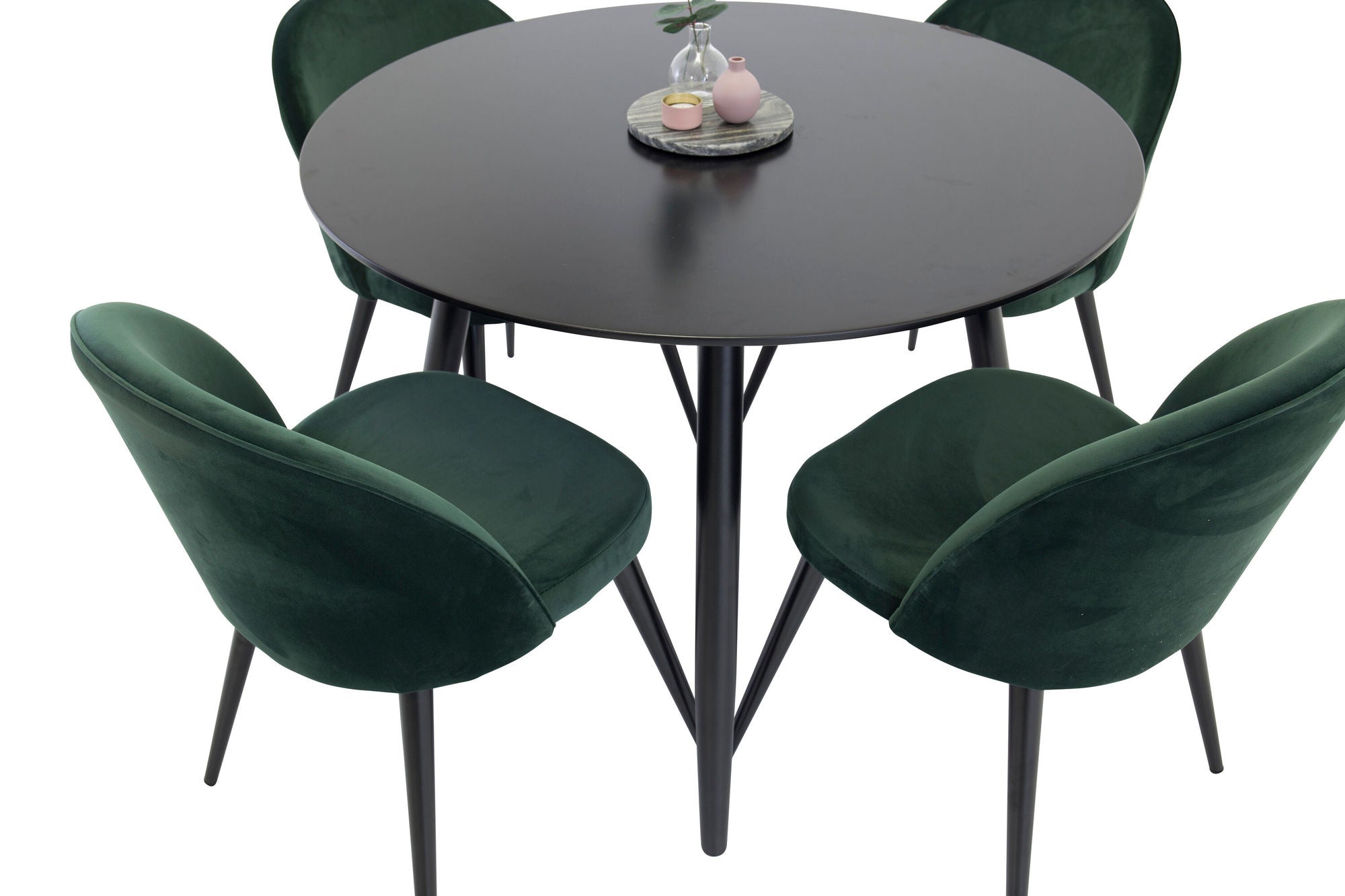 Venture Home Plaza Runt Matbord - Svart / Svart - ø100*H75 +Velvet Spisebordsstol - Green / Black _4