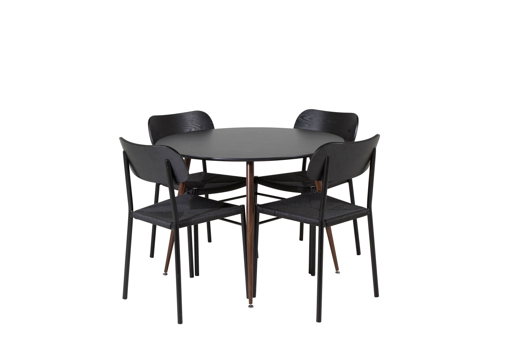 Venture Home Plaza rund bord 100 cm - Black Top - Walnut legs +Polly Spisebordsstol 2-pack - Black / Black _4