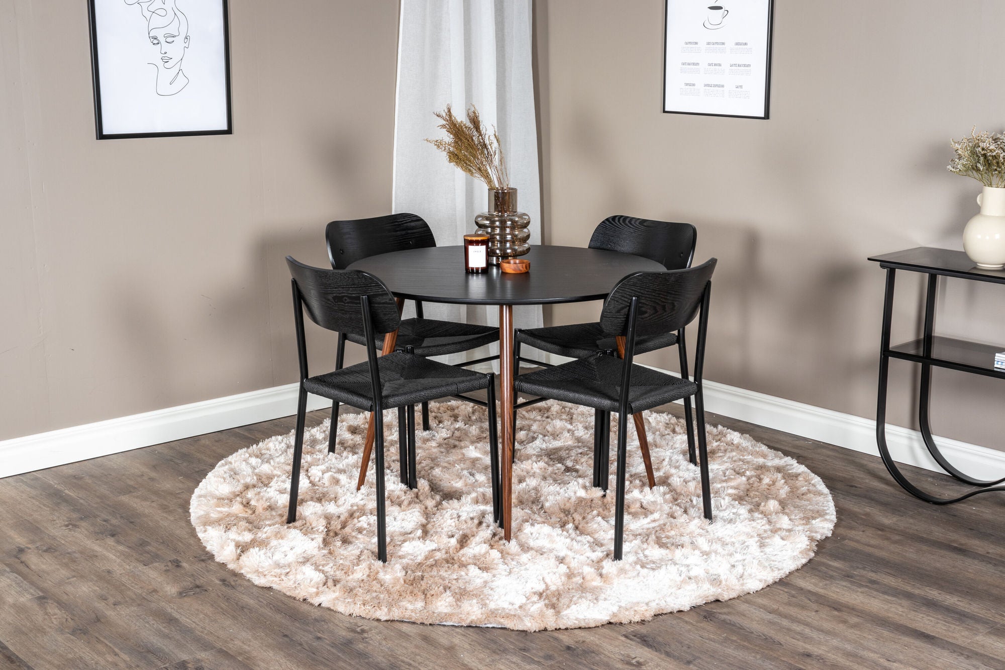 Venture Home Plaza rund bord 100 cm - Black Top - Walnut legs +Polly Spisebordsstol 2-pack - Black / Black _4