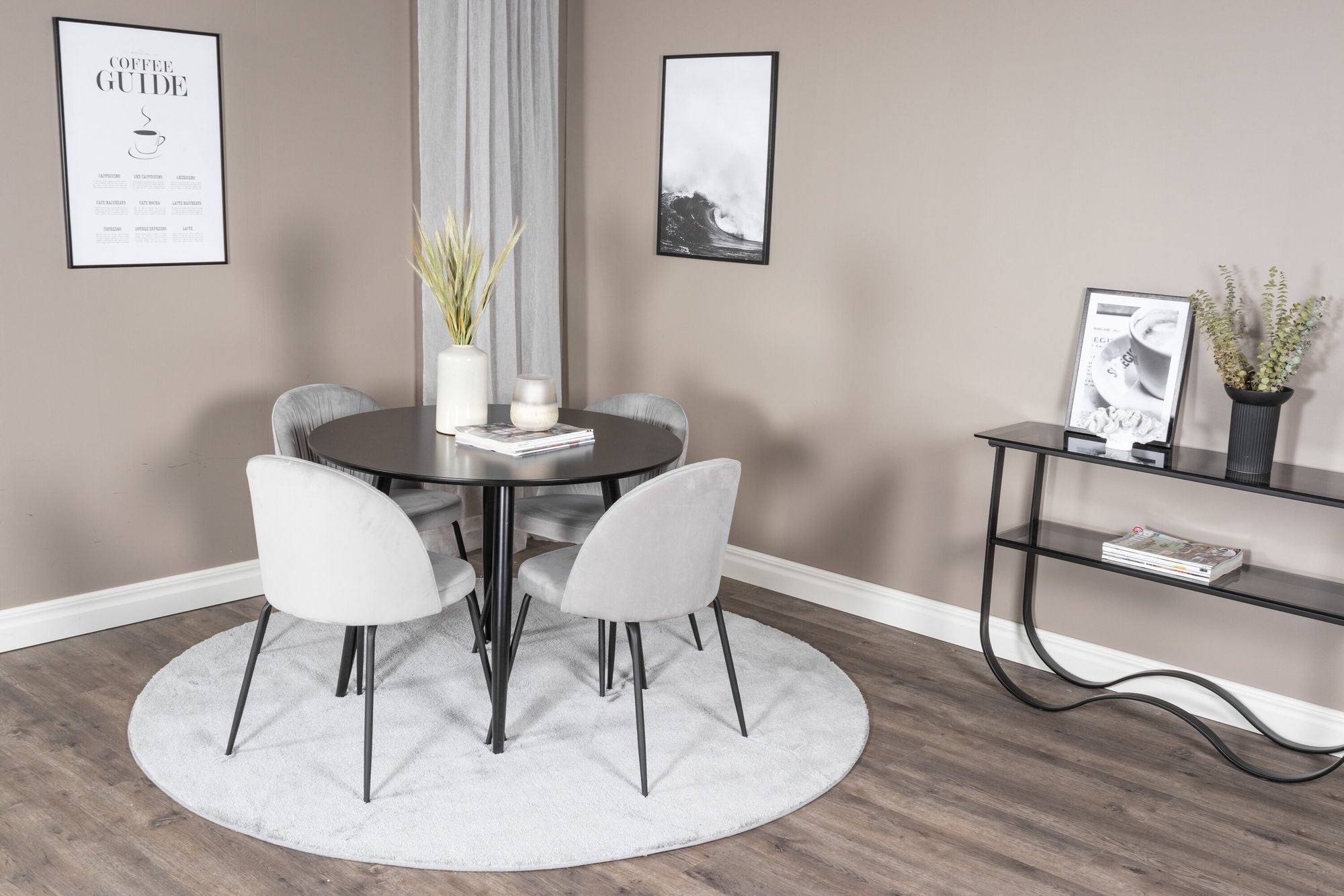 Venture Home Plaza Runt Matbord - Svart / Svart - ø100*H75 +Wrinkles Spisebordsstol - Black Legs - Grey Velvet _4