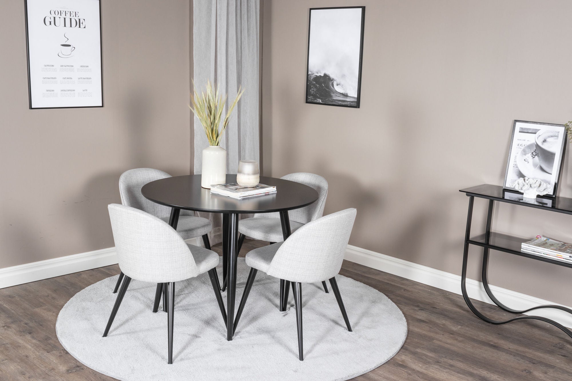 Venture Home Plaza Runt Matbord - Svart / Svart - ø100*H75 +Velvet Spisebordsstol - Black legs - Light GreyFabric _4