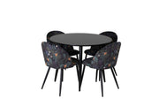 Venture Home Plaza Runt Matbord - Svart / Svart - ø100*H75 +Velvet Spisebordsstol - Black Flower fabric _4