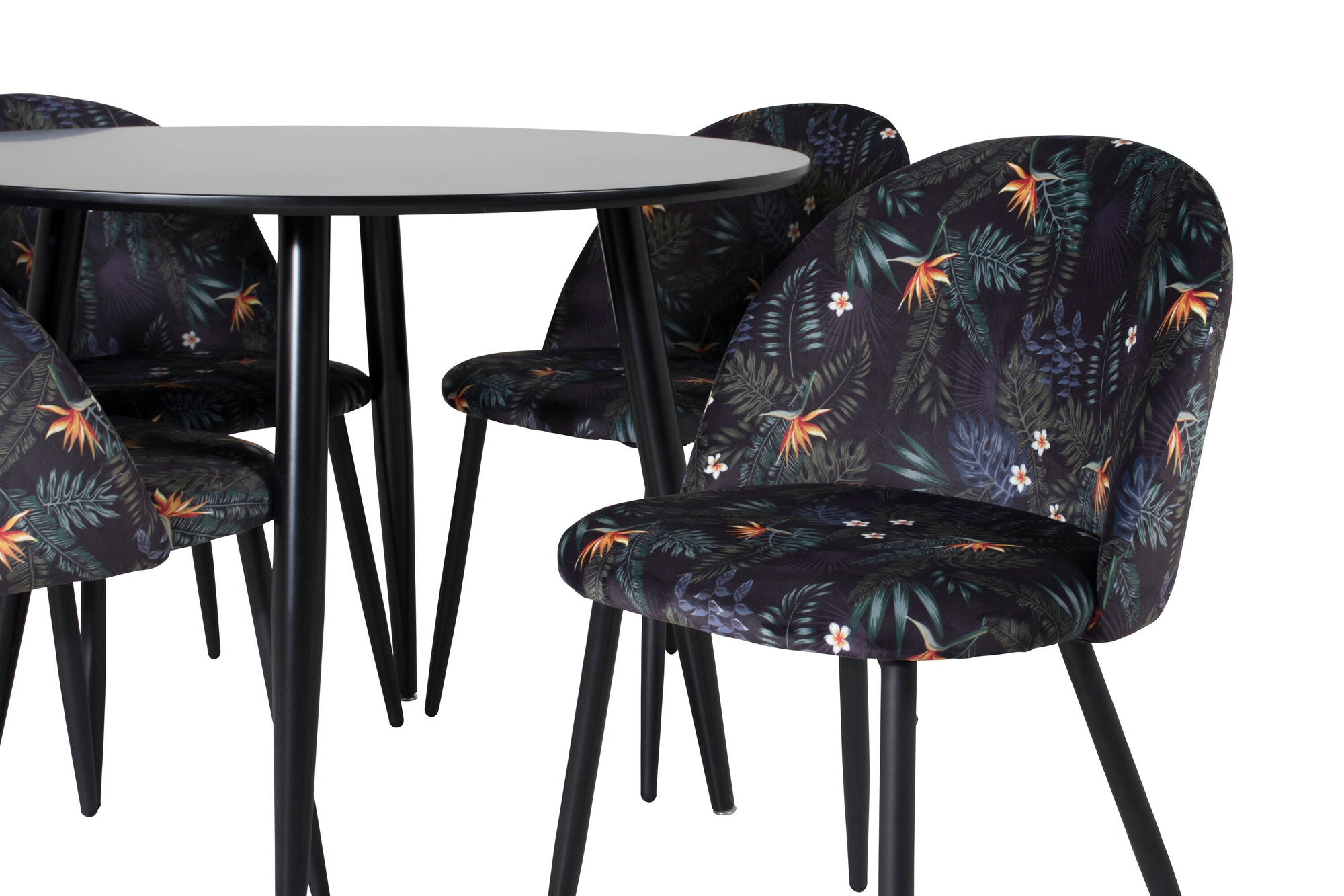 Venture Home Plaza Runt Matbord - Svart / Svart - ø100*H75 +Velvet Spisebordsstol - Black Flower fabric _4
