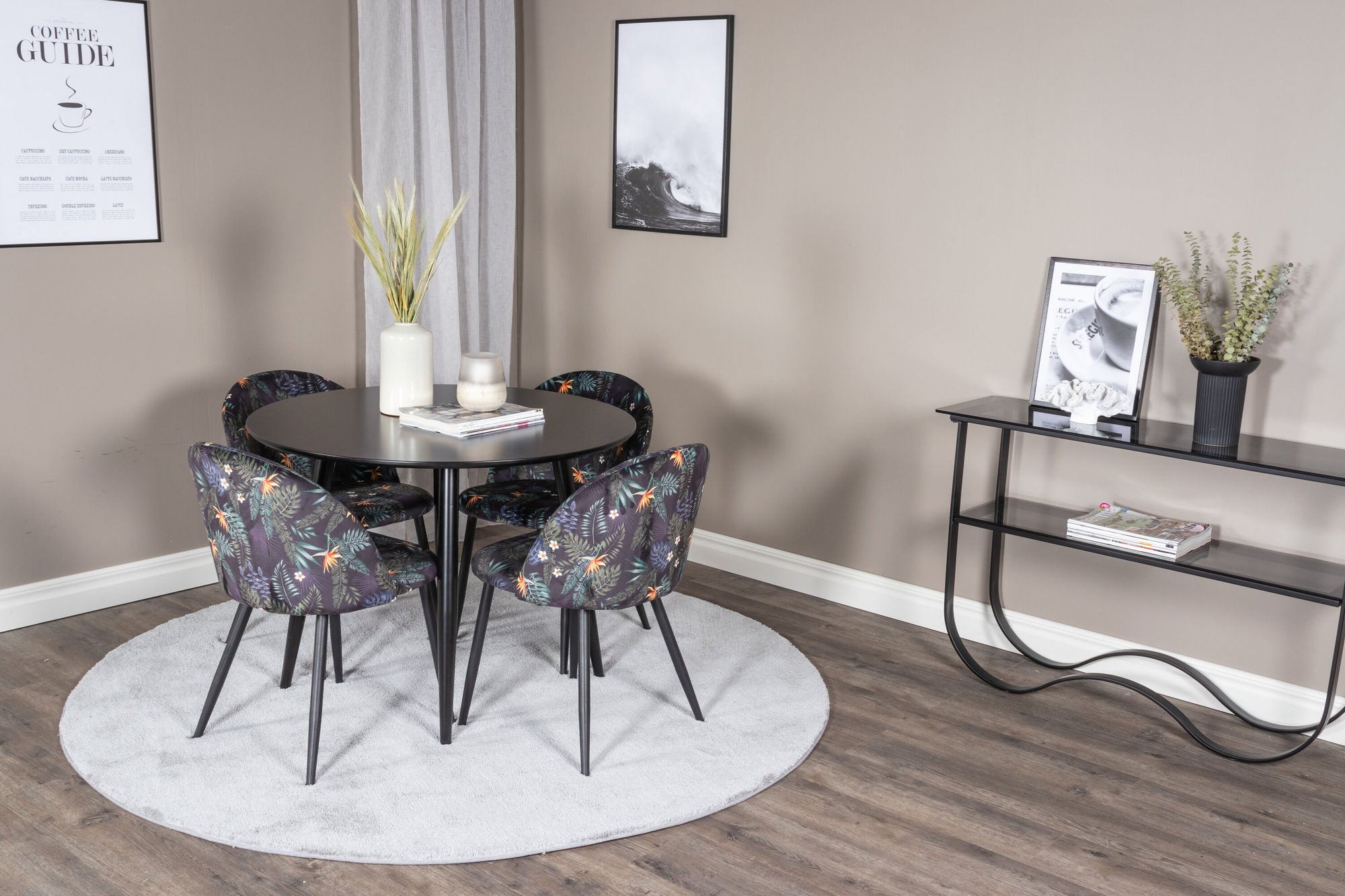 Venture Home Plaza Runt Matbord - Svart / Svart - ø100*H75 +Velvet Spisebordsstol - Black Flower fabric _4