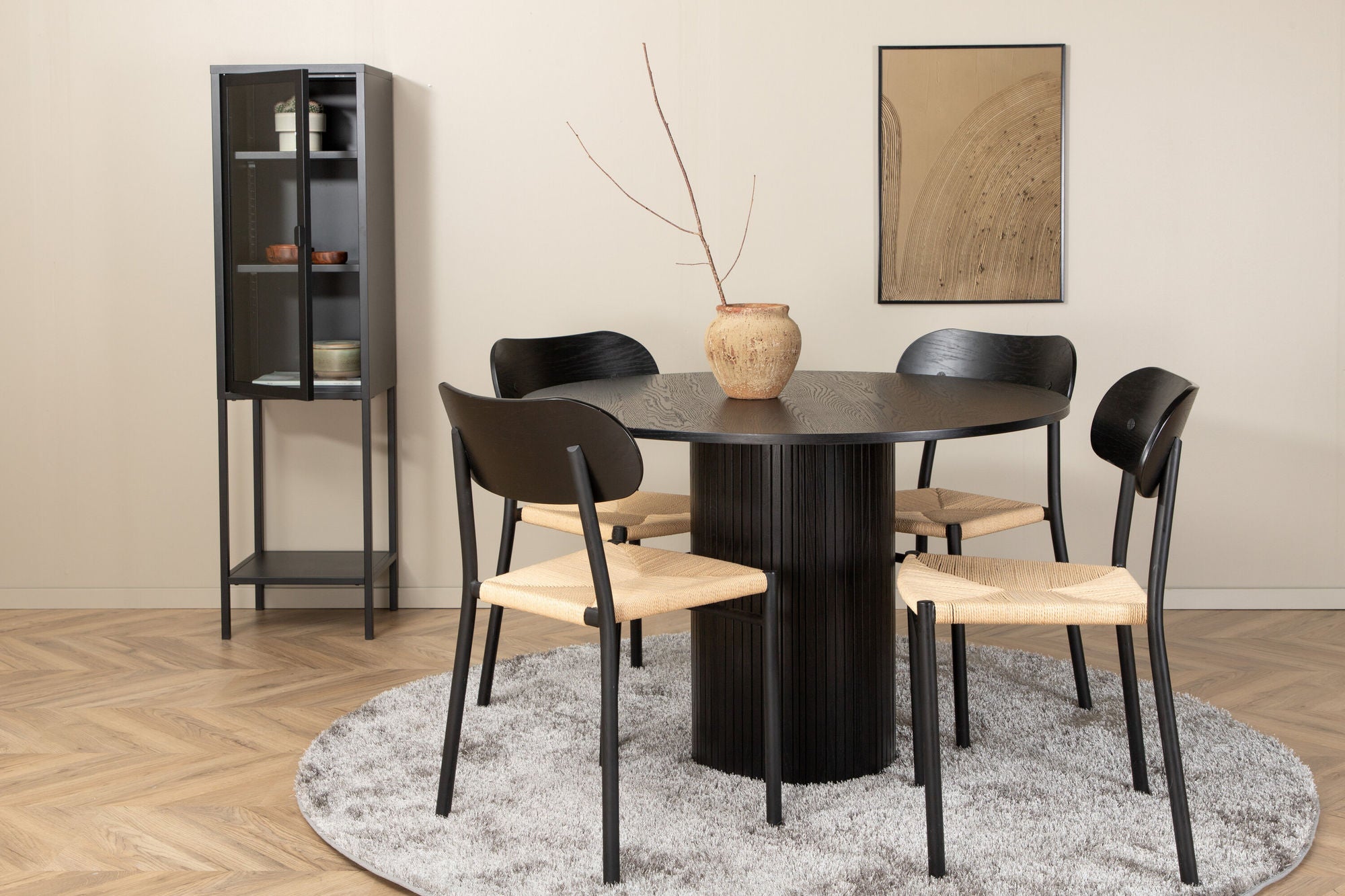 Venture Home Bianca rund spisebord - Black / Black Veneer +Polly Steel Spisebordsstol 2-pack, K/D, Black back light seat _4