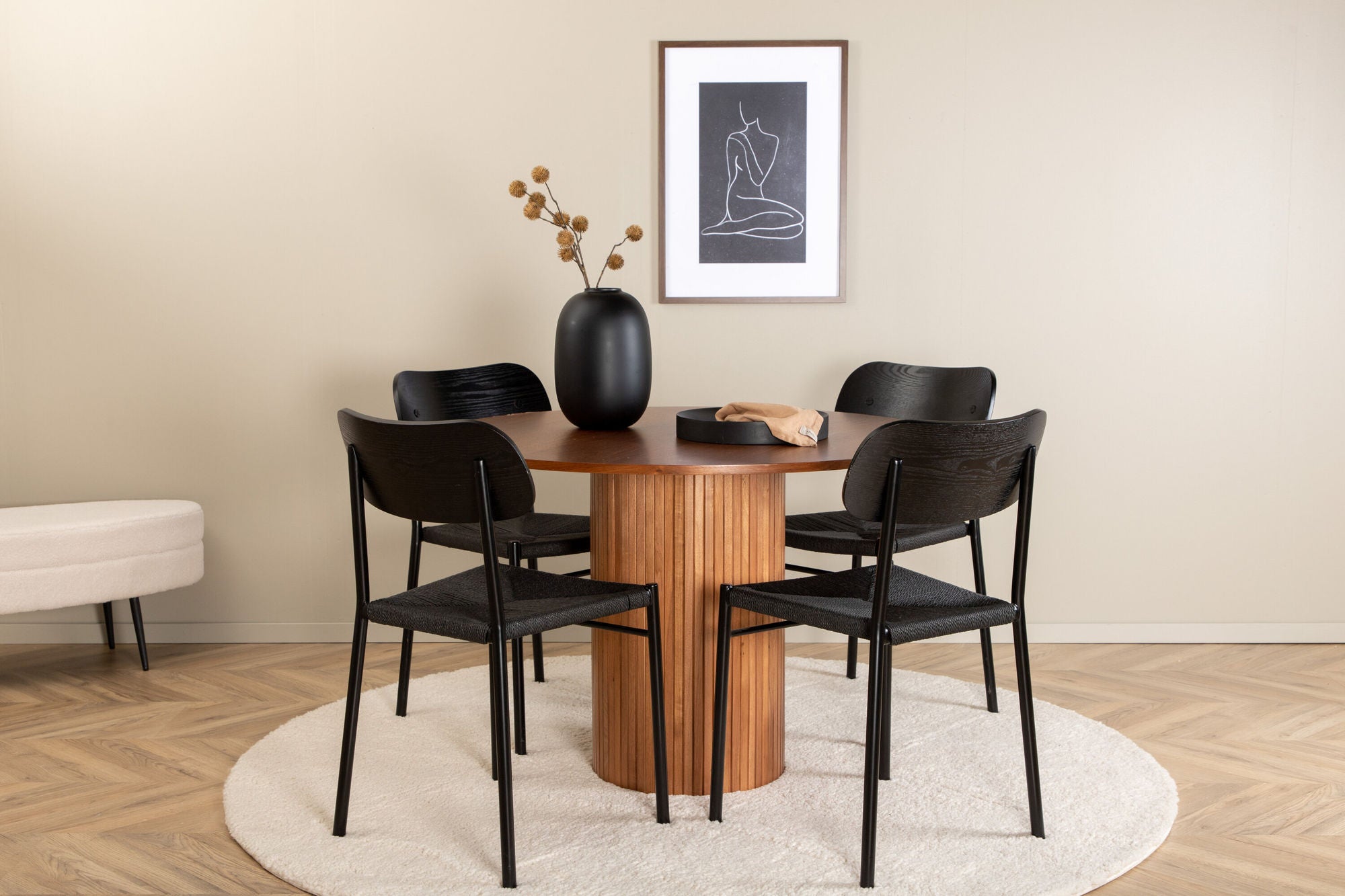 Venture Home Bianca rund spisebord - Walnut / Walnut Veneer +Polly Spisebordsstol 2-pack - Black / Black _4