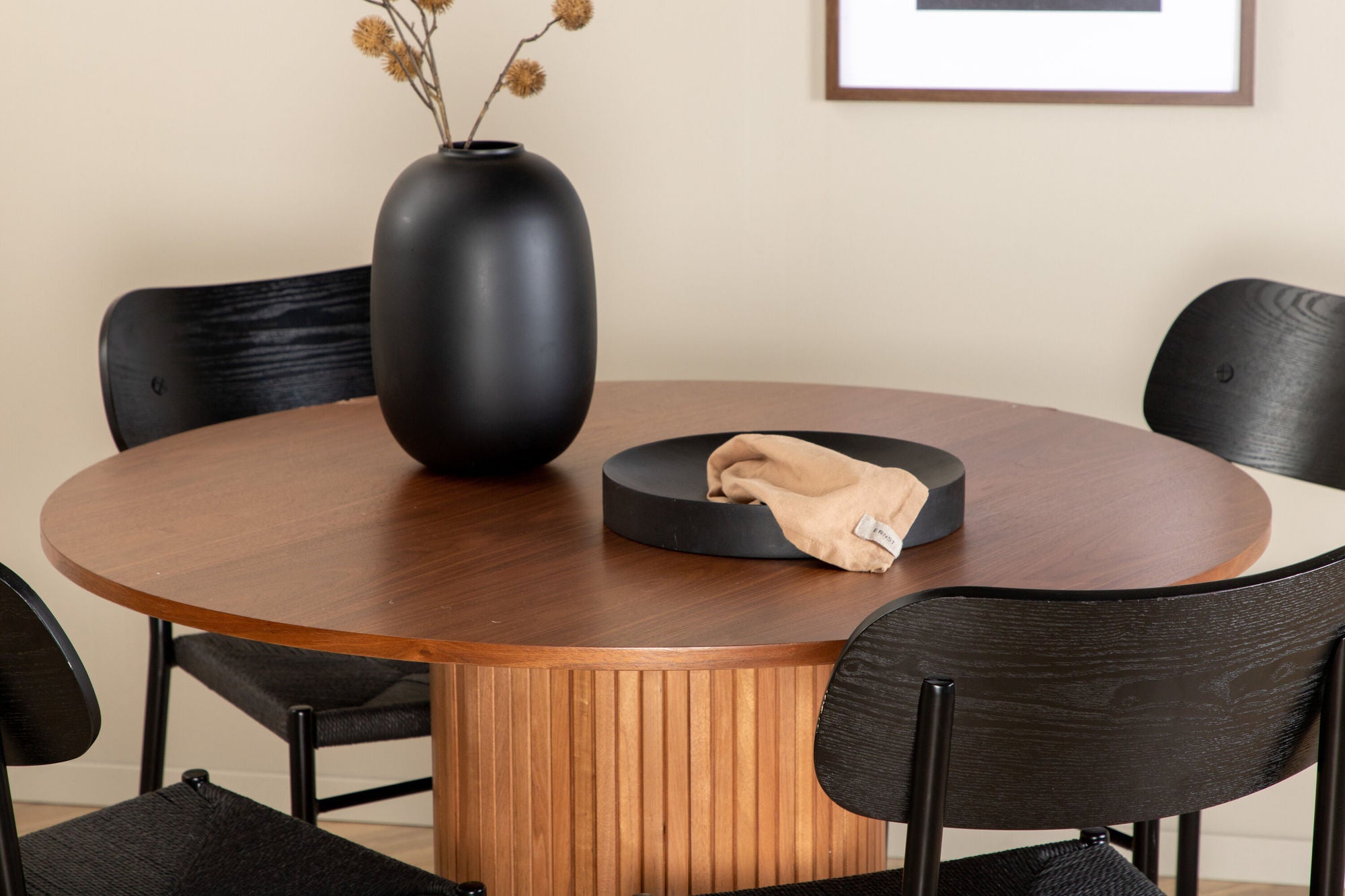 Venture Home Bianca rund spisebord - Walnut / Walnut Veneer +Polly Spisebordsstol 2-pack - Black / Black _4