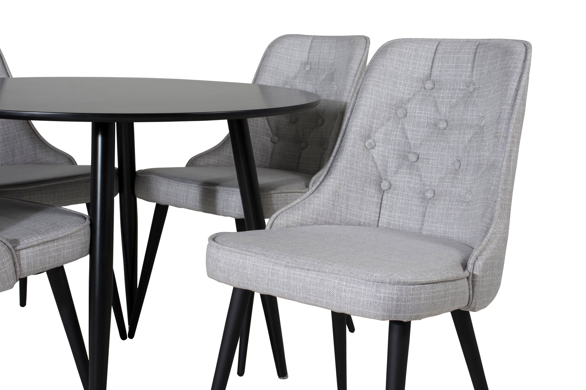 Venture Home Plaza Runt Matbord - Svart / Svart - ø100*H75 +Velvet Deluxe Spisebordsstol - Black Legs - Light Grey Fabric _4