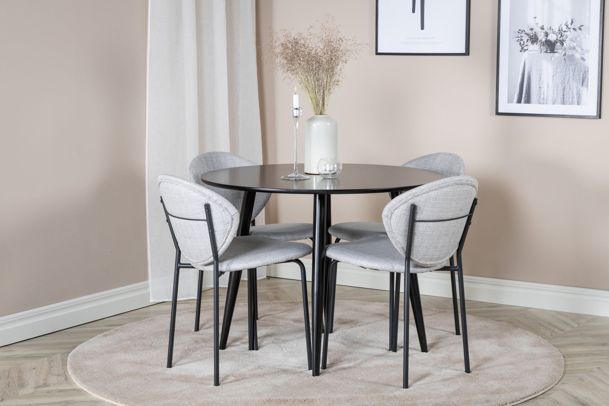 Venture Home Plaza Runt Matbord - Svart / Svart - ø100*H75 +Vault Spisebordsstol - Black Legs - Grey Fabric _4