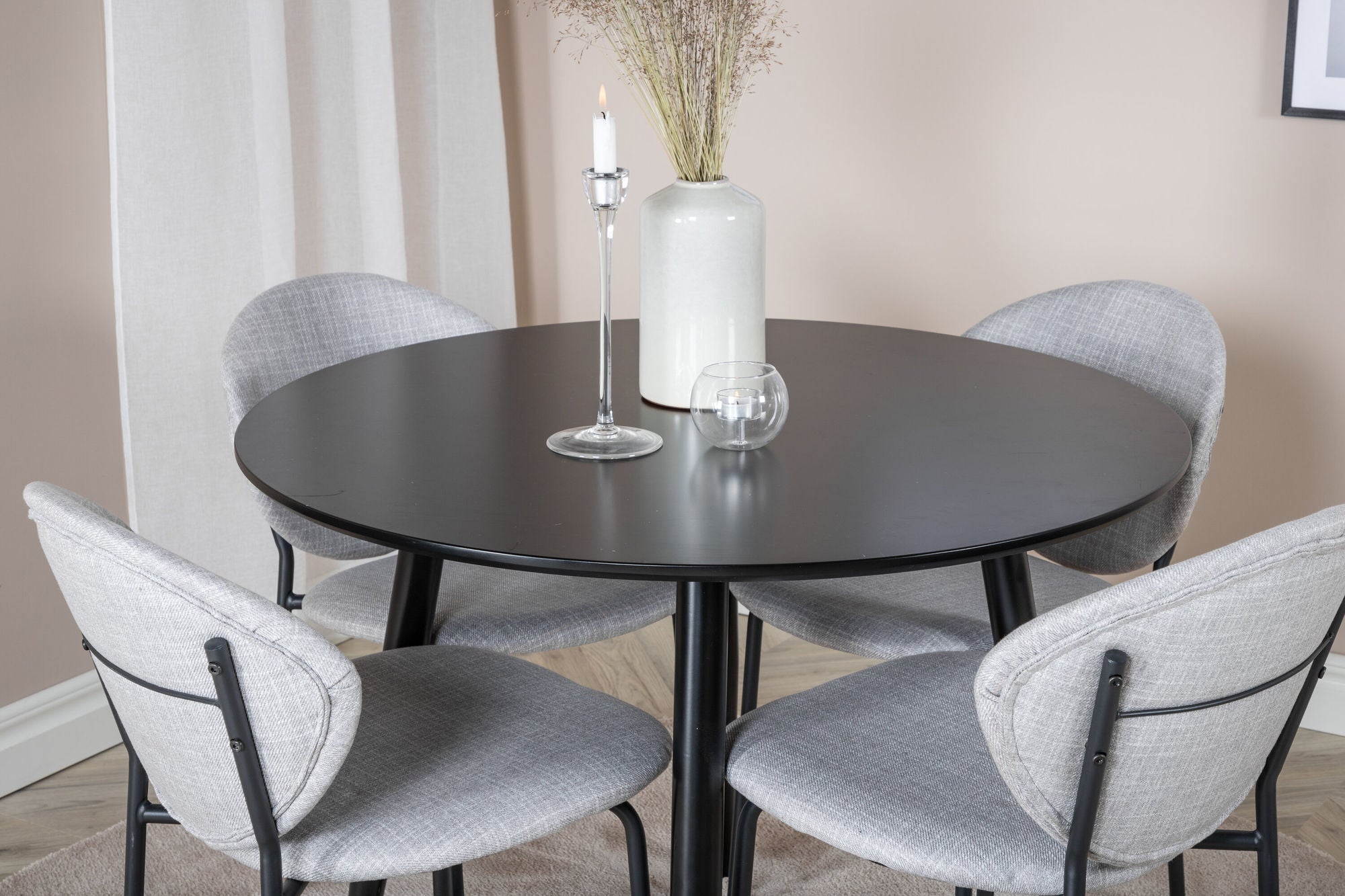 Venture Home Plaza Runt Matbord - Svart / Svart - ø100*H75 +Vault Spisebordsstol - Black Legs - Grey Fabric _4