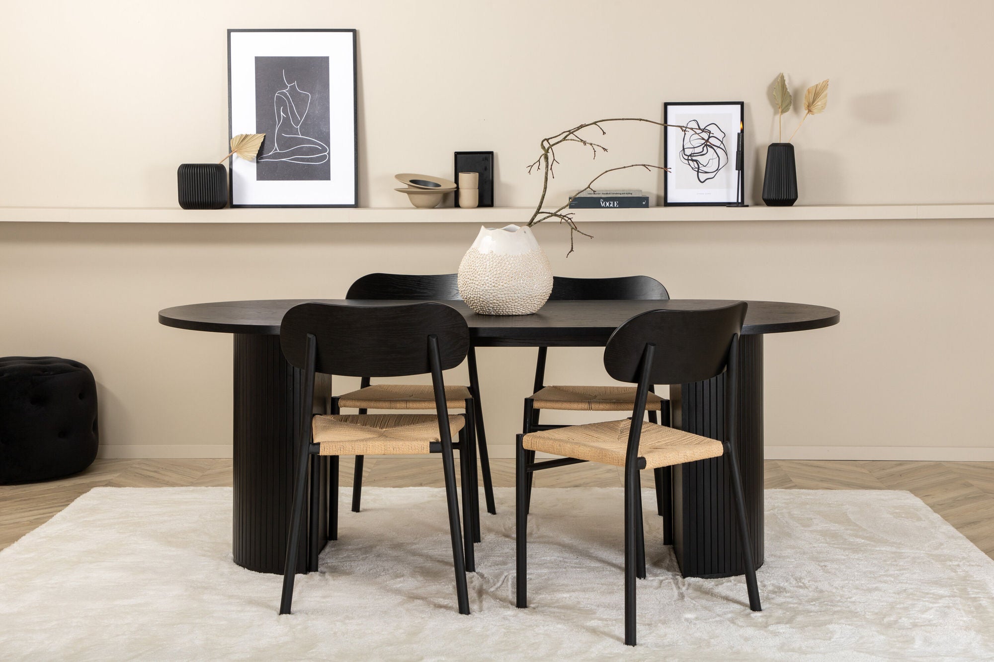 Venture Home Bianca Oval spisebord - Black / Black Veneer +Polly Steel Spisebordsstol 2-pack, K/D, Black back light seat _4