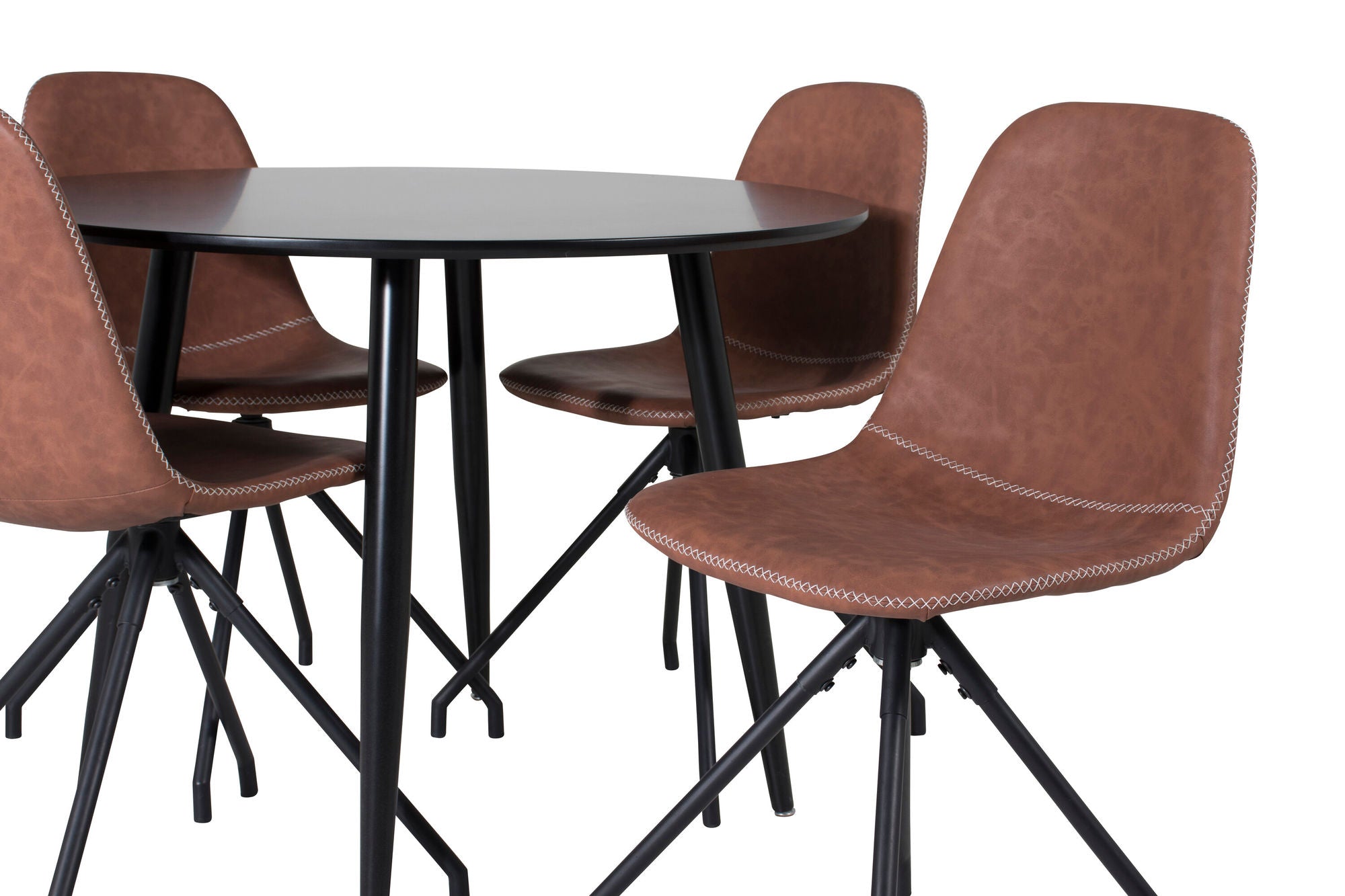 Venture Home Plaza Runt Matbord - Svart / Svart - ø100*H75 +Polar Spisebordsstol with Spin function - black Legs - Brown PU - White Stitches _4
