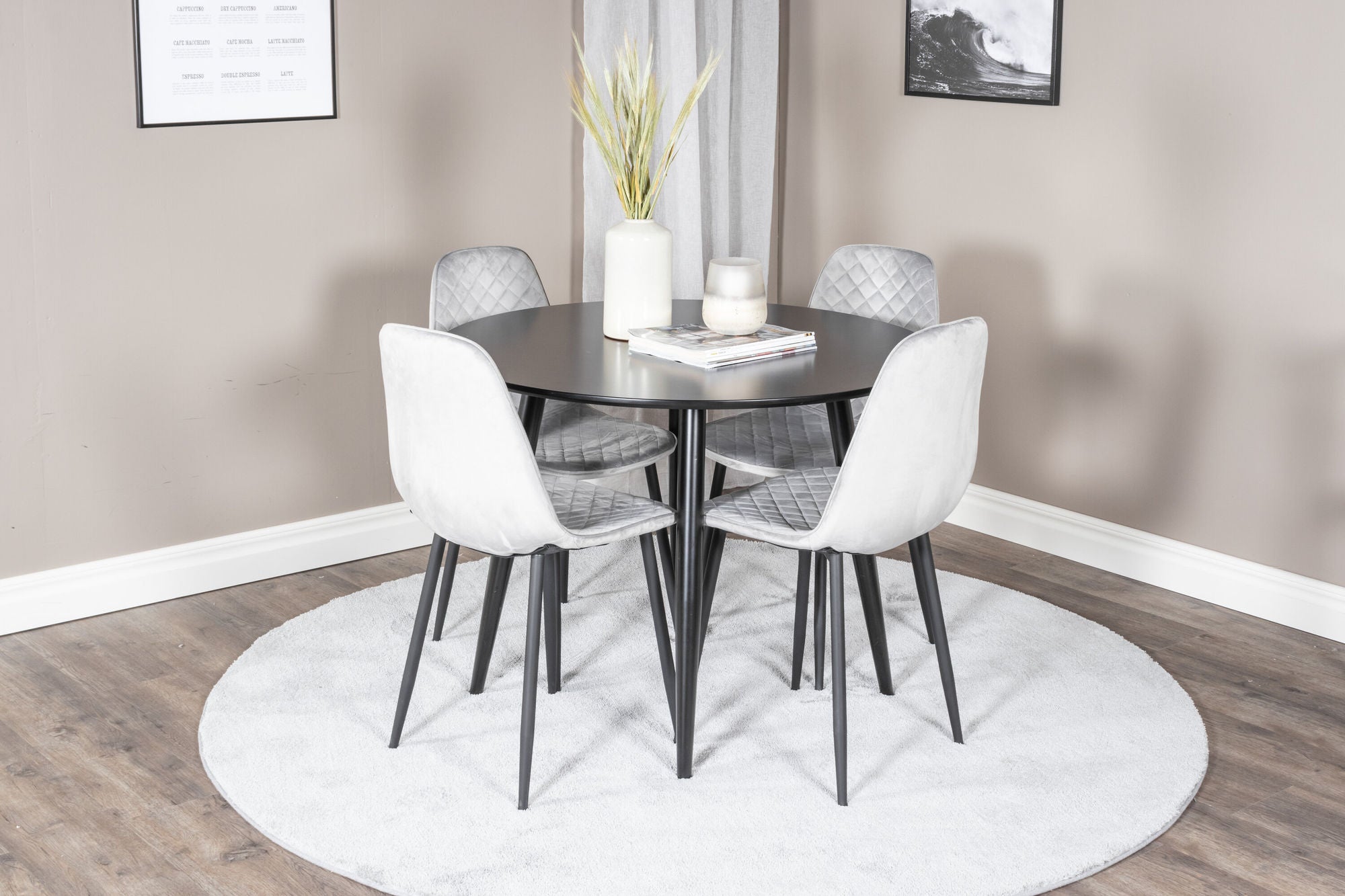 Venture Home Plaza Runt Matbord - Svart / Svart - ø100*H75 +Polar Diamond Spisebordsstol - Black Legs - Grey Velvet _4