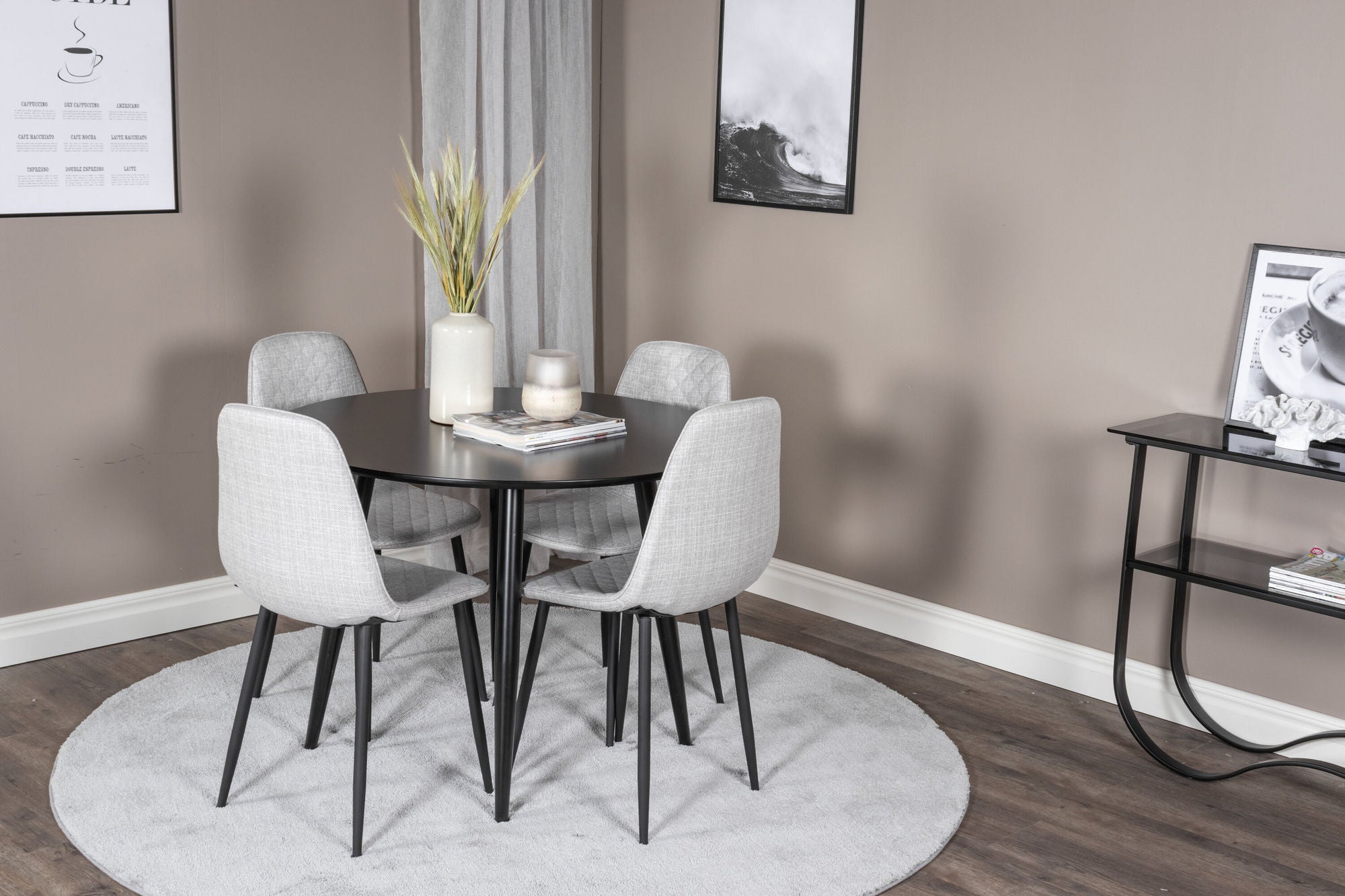 Venture Home Plaza Runt Matbord - Svart / Svart - ø100*H75 +Polar Diamond Spisebordsstol - Black Legs - Grey Fabric _4