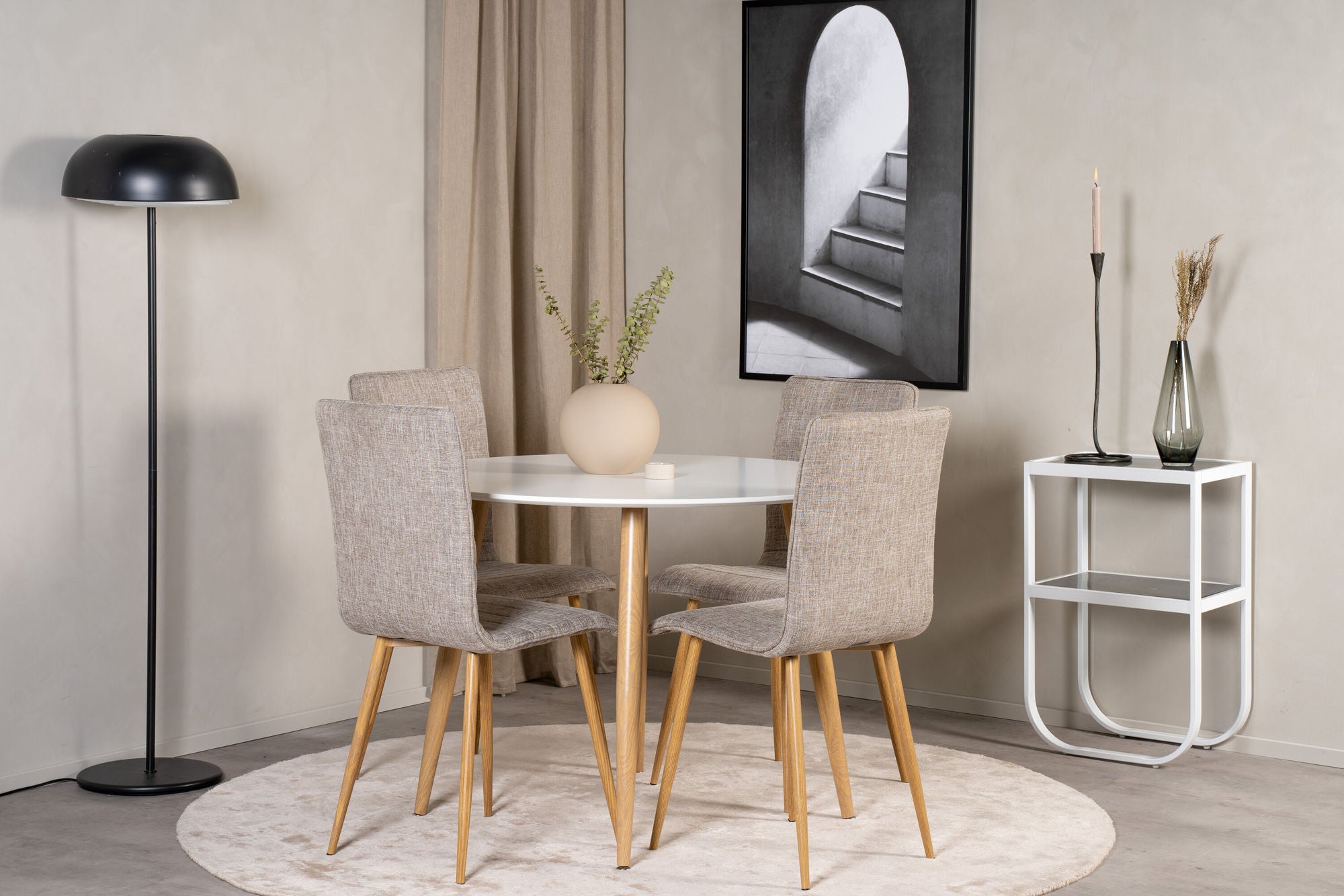 Venture Home Plaza Runt Matbord - Ek-Look / Vit - ø100*H75 +Windu Lyx Spisebordsstol - Oak-Look / Light Grey _4