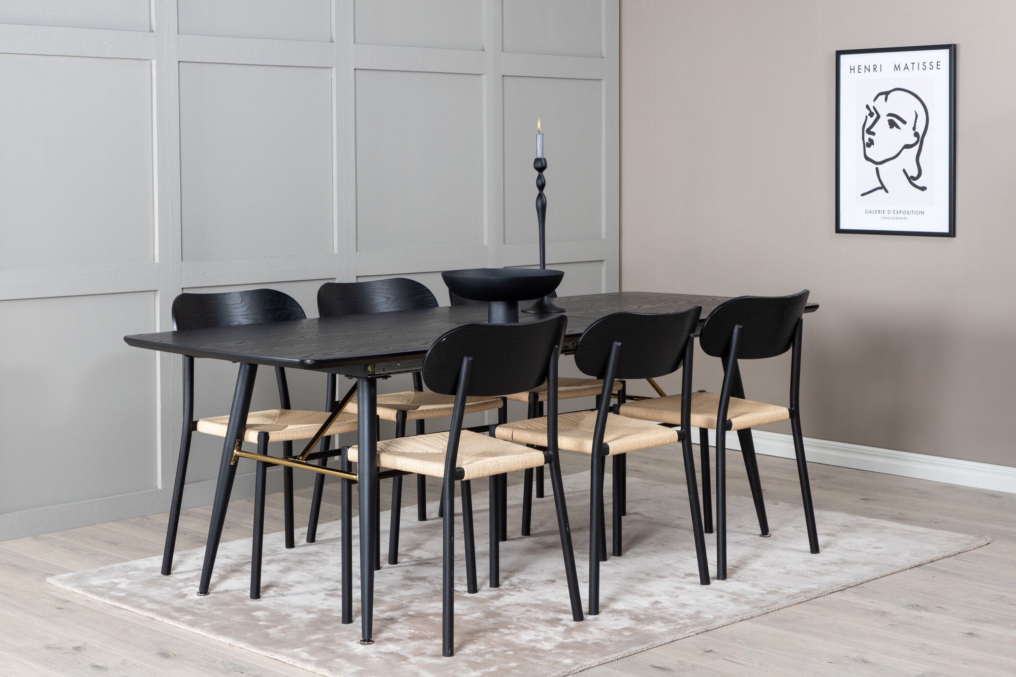 Venture Home Gold Extention bord - 180/220*85*H76 Black Veneer - Black legs - Brass details +Polly Steel Spisebordsstol 2-pack, K/D, Black back light seat _6