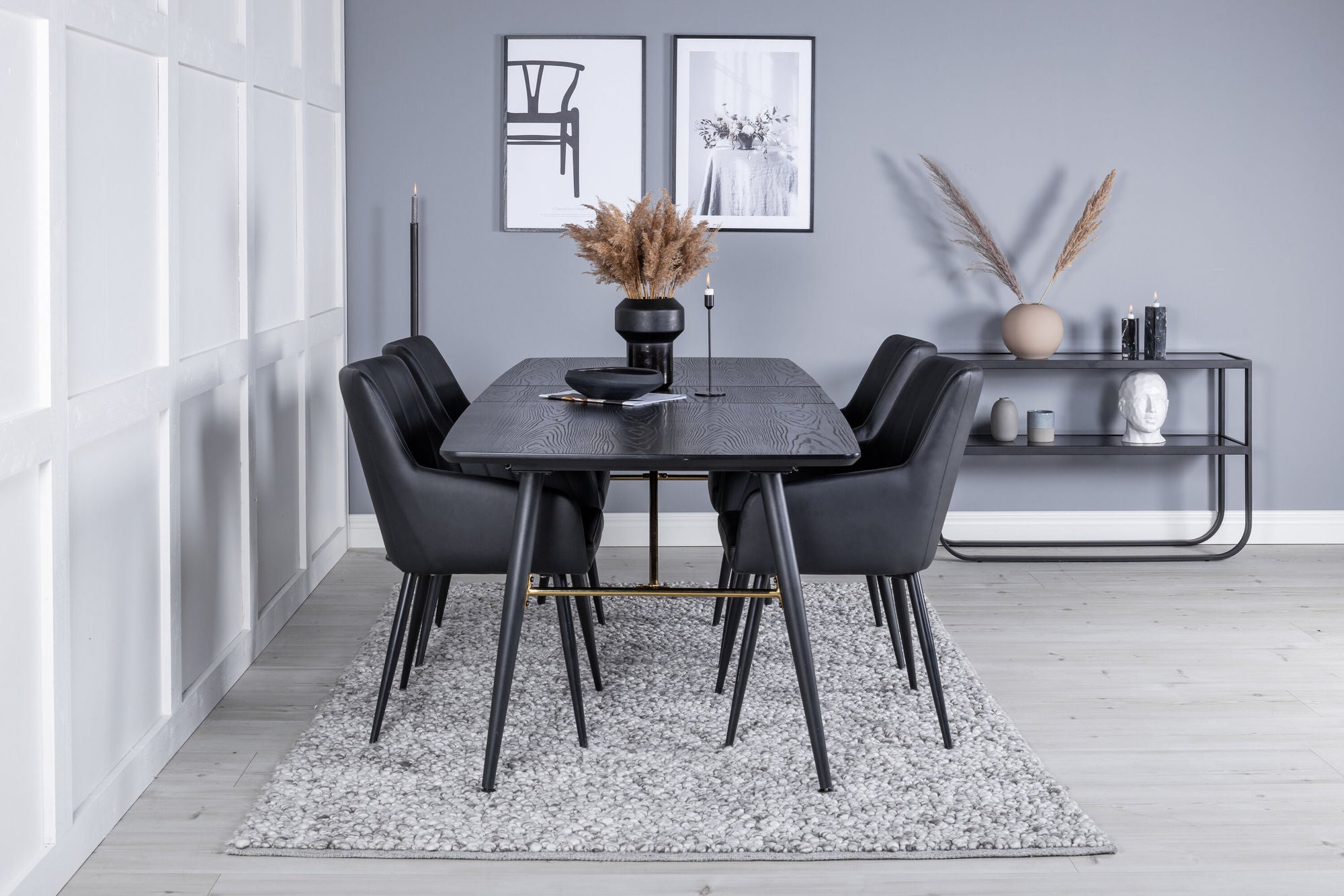 Venture Home Gold Extention bord - 180/220*85*H76 Black Veneer - Black legs - Brass details +Comfort - Dining chair 2-pack - black/Black _4
