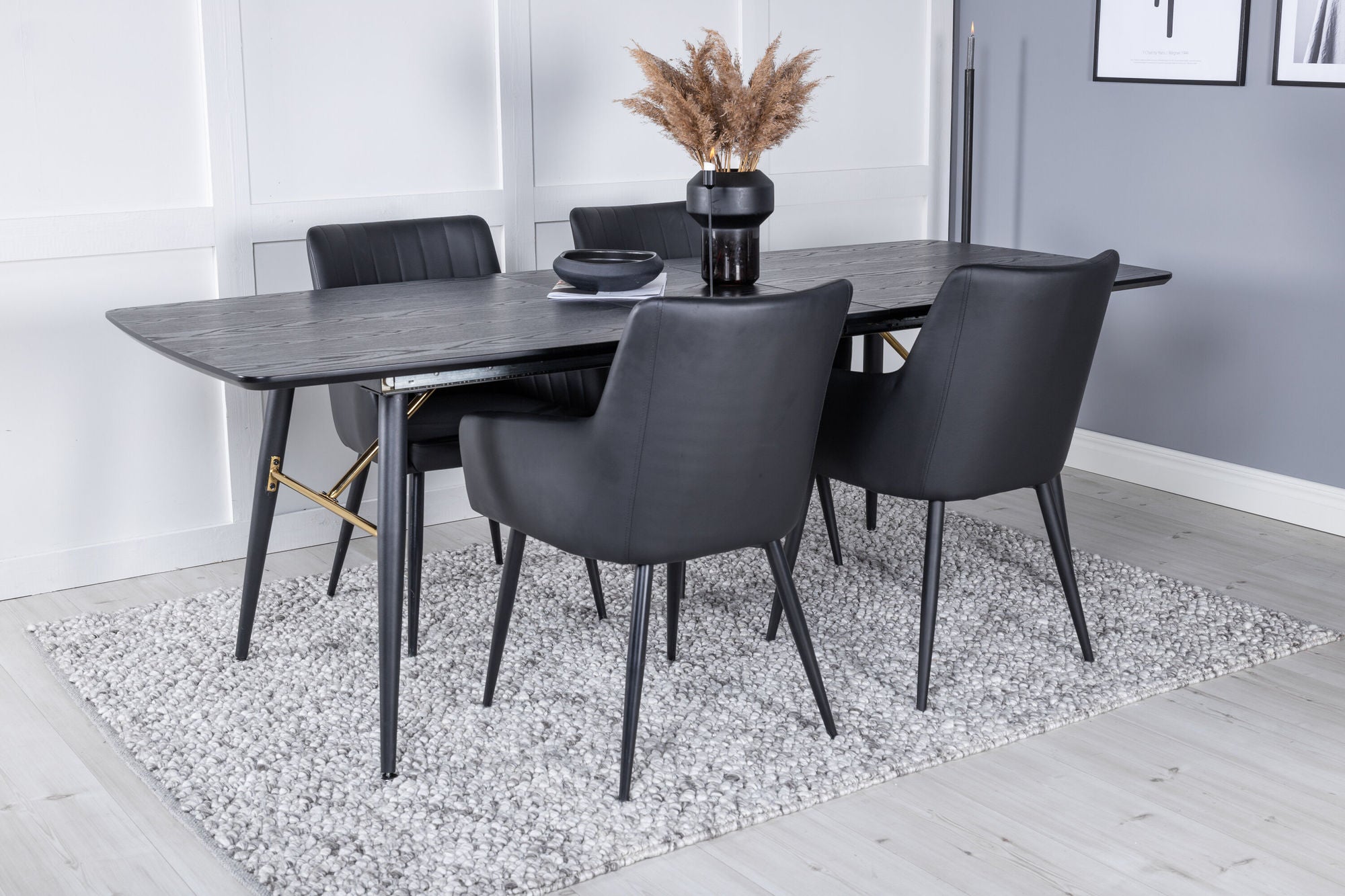 Venture Home Gold Extention bord - 180/220*85*H76 Black Veneer - Black legs - Brass details +Comfort - Dining chair 2-pack - black/Black _4